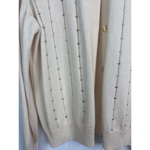 St John Sport Cream Knit Collared Button Down Cardigan with Gold Detailing SZ L - Picture 3 of 8